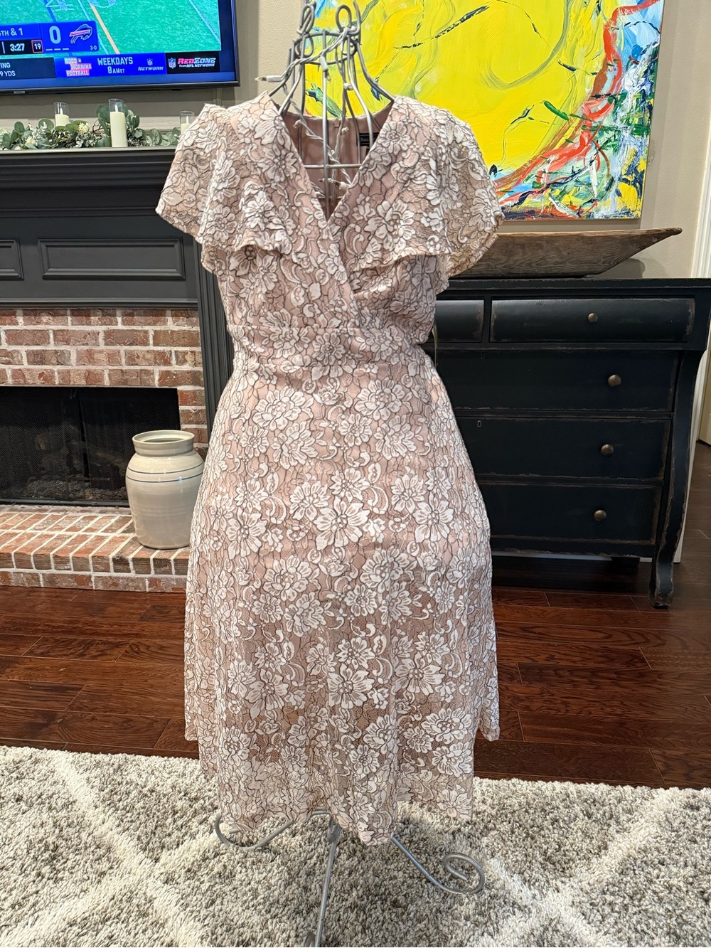 Jessica Howard Blush Lace Midi Dress with Floral Overlay, Size 12